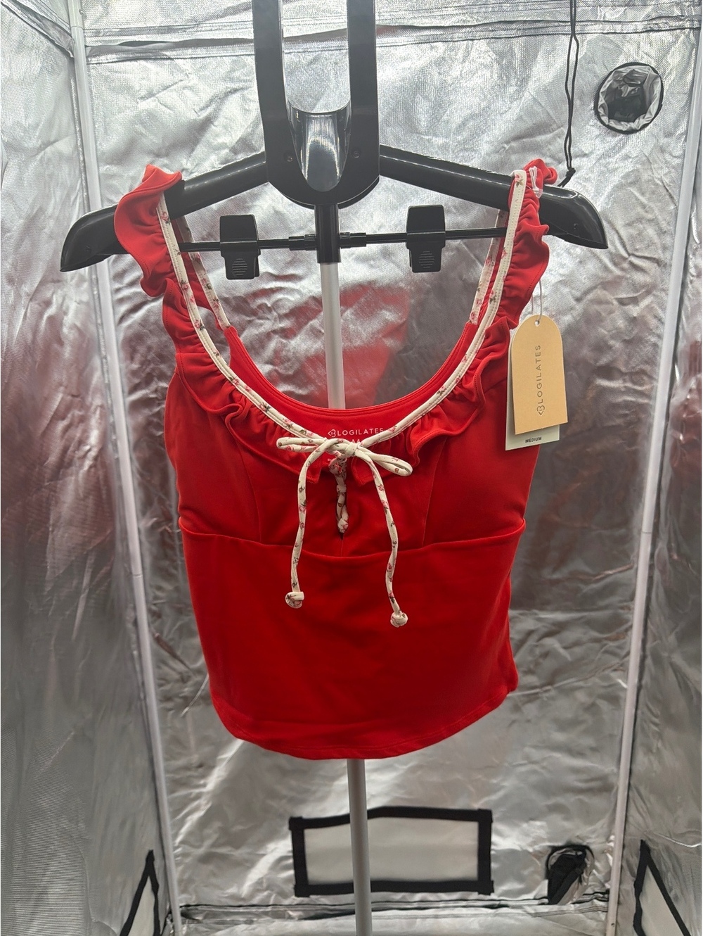 Logilates Ruffle Lace Up Tank Top in Red, Size Medium